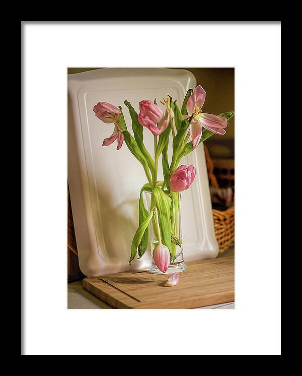 Pink Tulips Framed Print featuring the photograph Tulips On A Cutting Board In the Kitchen by Cordia Murphy