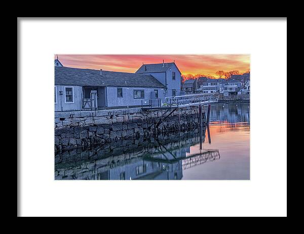 Tuna Wharf Framed Print featuring the photograph Tuna Wharf Rockport Harbor Sunrise Reflection by Juergen Roth