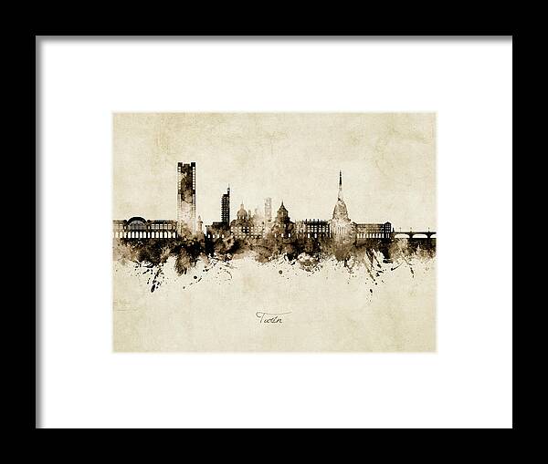Turin Framed Print featuring the digital art Turin Italy Skyline #09 by Michael Tompsett