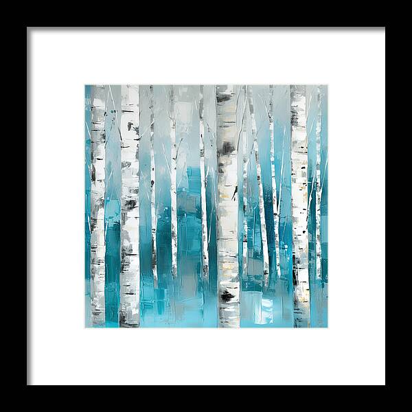 Turquoise Framed Print featuring the painting Turquoise Birch trees II- Turquoise Art by Lourry Legarde