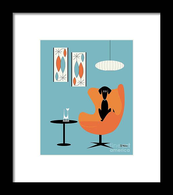 Mid Century Dog Framed Print featuring the digital art Turquoise Room with Black Dog by Donna Mibus