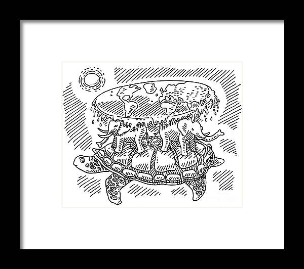Sketch Framed Print featuring the drawing Turtle Elephant Flat Earth Concept Drawing by Frank Ramspott