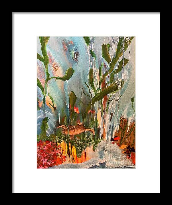 Turtle Miroslaw Chelchowski Acrylic On Canvas Painting Print Abstract Under The Sea Water Ocean Fish Weed Red Coral Wave Waterfall Framed Print featuring the painting Turtle by Miroslaw Chelchowski