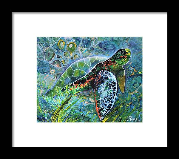 Turtle Wall Art Home Decor Ocean Water Blue Water Abstract Painting Pouring Art Acrylic Painting Gallery Painting On Canvas Art For Sale Framed Print featuring the painting Turtle by Tanya Harr