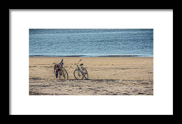 Ball Framed Print featuring the photograph Two Bikes and Ball on Beach by Darryl Brooks