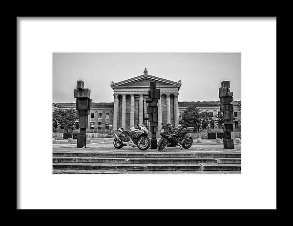 Black And White Framed Print featuring the photograph Two Bikes on top of the Rocky Steps in Black and White by Bill Cannon