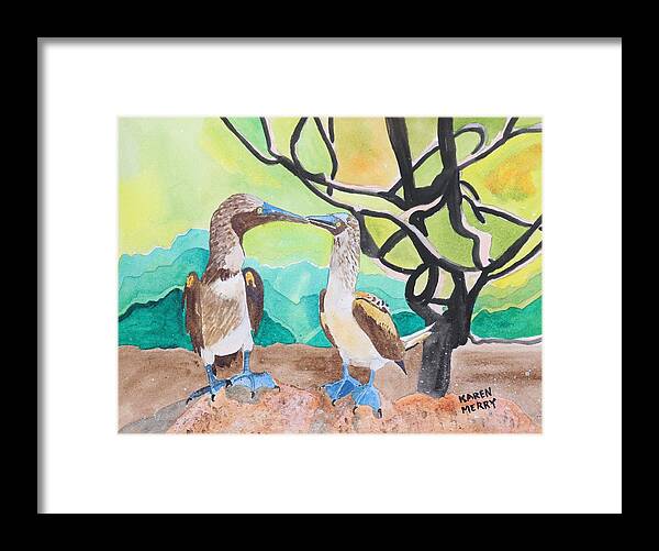 Blue-footed Boobies Framed Print featuring the painting Two Blue-Footed Boobies by Karen Merry