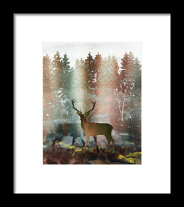 Deer Framed Print featuring the painting Two Deer Bucks In The Fall Forest Watercolor Silhouette by Irina Sztukowski