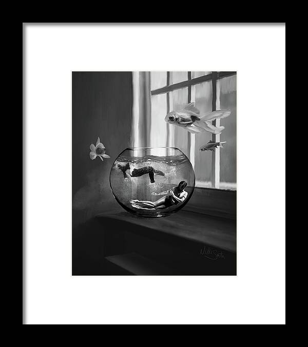 Pink Floyd Framed Print featuring the digital art Two Lost Souls Swimming in a Fishbowl - Black and White by Nikki Marie Smith