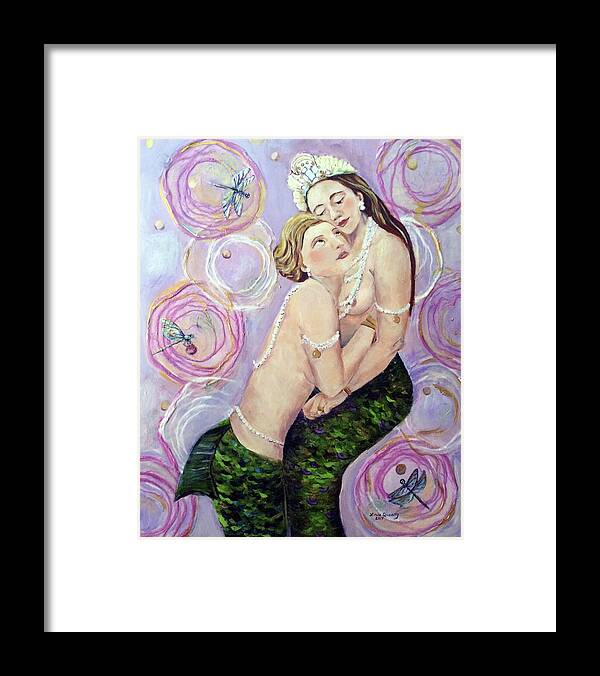 Mermaid Framed Print featuring the painting Two Mermaids in Pink by Linda Queally by Linda Queally