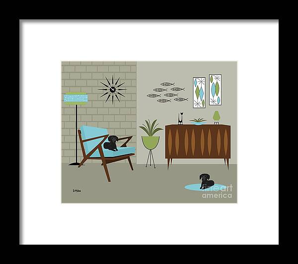 Mid Century Dog Framed Print featuring the digital art Two Mid Century Black Dachshunds by Donna Mibus