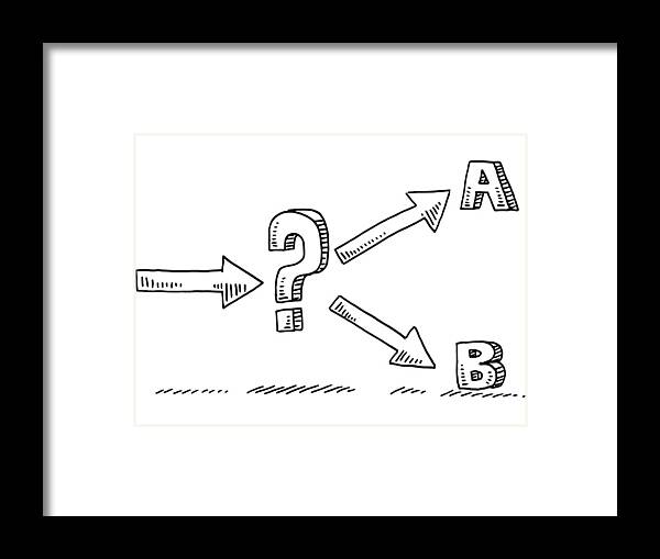 Black Color Framed Print featuring the drawing Two Options Uncertainty Question Mark Drawing by FrankRamspott
