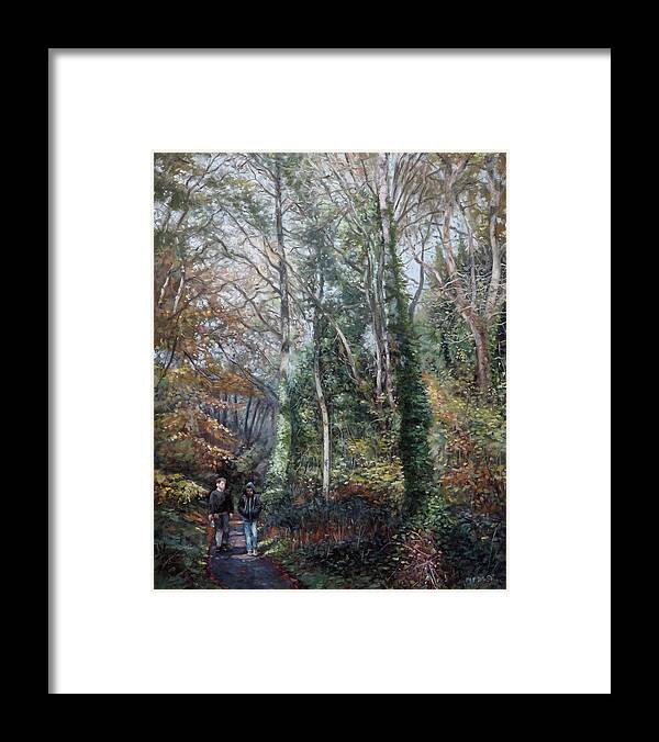 Southampton Framed Print featuring the painting Two people walking through woods at Southampton common by Martin Davey