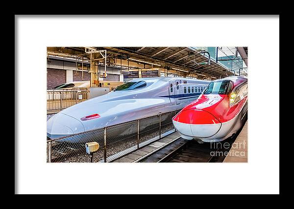 Shinkansen Framed Print featuring the photograph Two Shinkansen at the Tokyo Station by Lyl Dil Creations