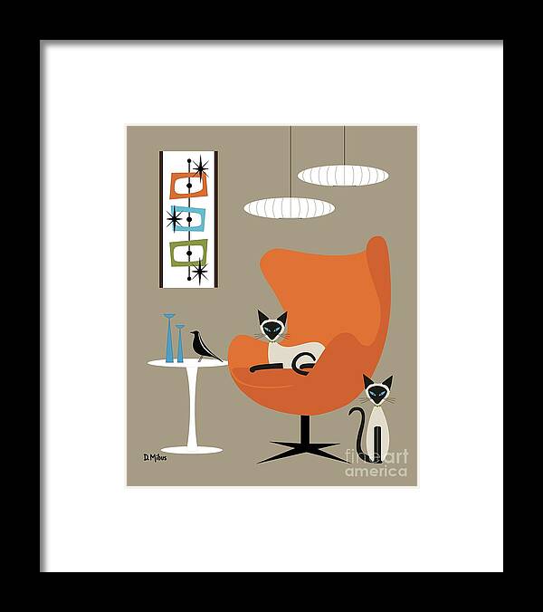 Mid Century Cat Framed Print featuring the digital art Two Siamese in Mid Century Orange Chair by Donna Mibus