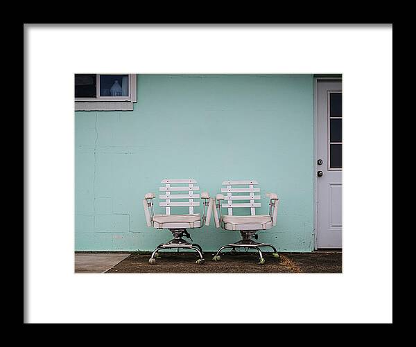 Fishing Framed Print featuring the photograph Two White Chairs by Steve Stanger