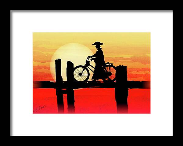 U Bein Bridge Framed Print featuring the painting U Bein Bridge Bicycle by Simon Read