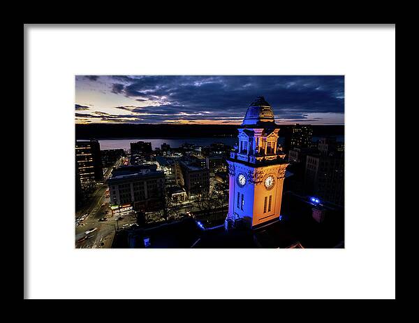 City Hall Framed Print featuring the photograph Ukrainian national colors illuminate city hall by Kevin Suttlehan