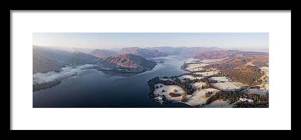 Panorama Framed Print featuring the photograph Ullswater lake sunrise aerial lake district by Sonny Ryse