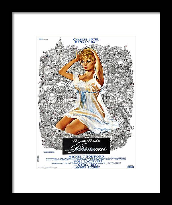 Synopsis Framed Print featuring the mixed media ''Une Parisienne'', 1957 by Movie World Posters