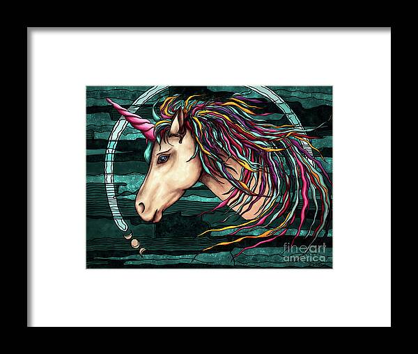 Unicorn Framed Print featuring the painting Boho unicorn with moon phases, rainbow unicorn by Nadia CHEVREL