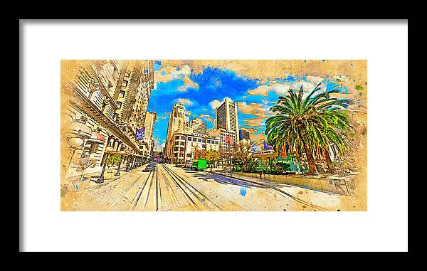 Union Square Framed Print featuring the digital art Union Square near Powell Street in San Francisco - digital painting by Nicko Prints