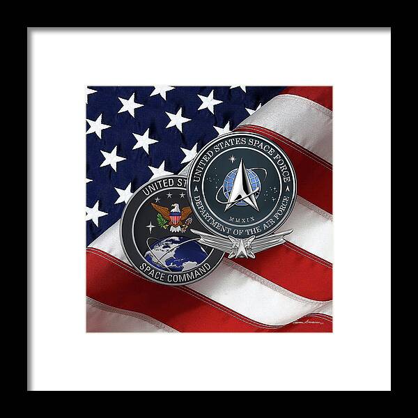 'military Insignia & Heraldry’ Collection By Serge Averbukh Framed Print featuring the digital art United States Space Force - USSF and USSPACECOM Seals with AFSB over American Flag by Serge Averbukh