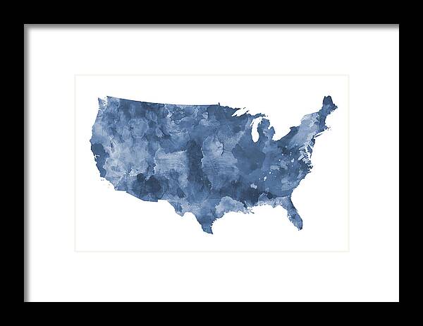 United States Map Framed Print featuring the digital art United States Watercolor Map Shades of Blue by Alexios Ntounas