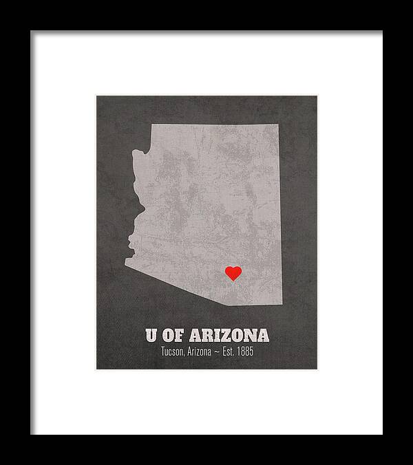 University Of Arizona Framed Print featuring the mixed media University of Arizona Tucson Arizona Founded Date Heart Map by Design Turnpike