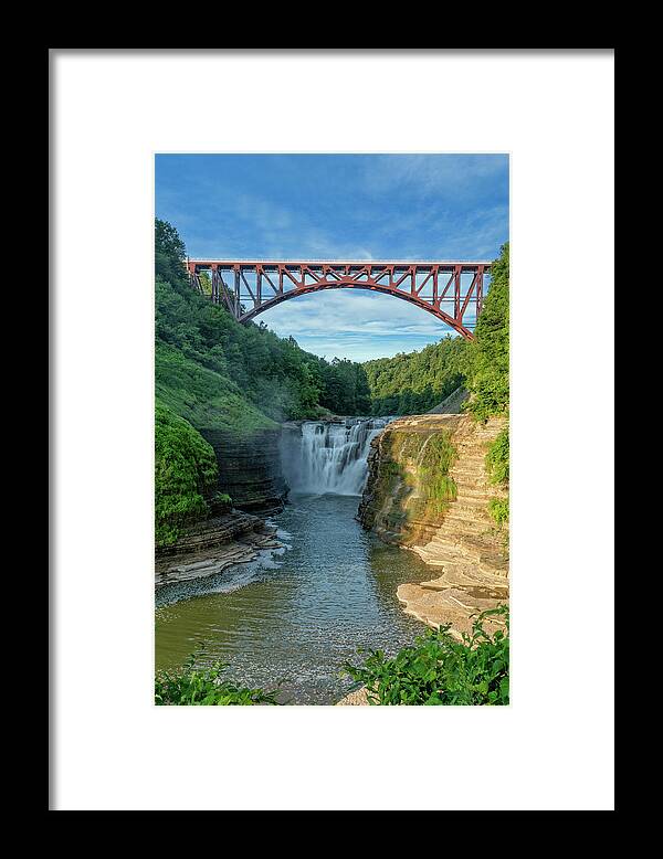 Letchworth Framed Print featuring the photograph Upper Falls Arched Bridge At Letchworth State Pa by Jim Vallee
