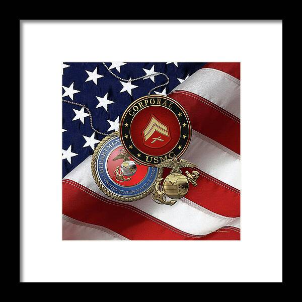 Military Insignia & Heraldry Collection By Serge Averbukh Framed Print featuring the digital art U.S. Marine Corporal Rank Insignia with Seal and EGA over American Flag by Serge Averbukh