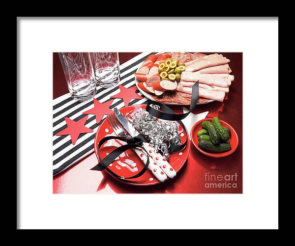 Nfl Framed Print featuring the photograph USA Atlanta Falcons party table settings for Super Bowl National Football League NFL party celebration in navy red, black and white. by Milleflore Images