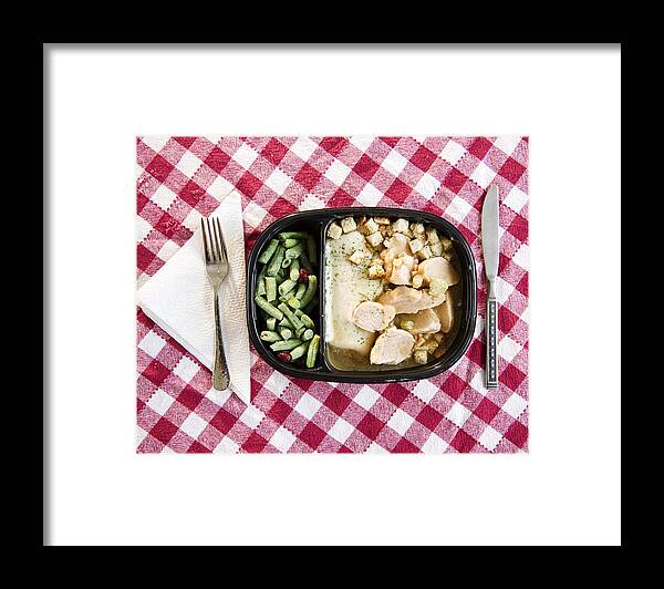 Unhealthy Eating Framed Print featuring the photograph USA, New Jersey, Jersey City, close up of TV dinner on checked table cloth by Jamie Grill Photography