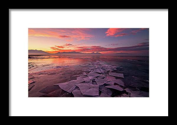 Utah Lake Framed Print featuring the photograph Utah Lake Ice Sunrise by Wesley Aston