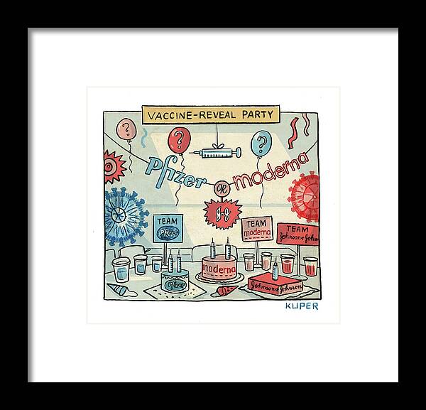 Captionless Framed Print featuring the drawing Vaccine Reveal Party by Peter Kuper