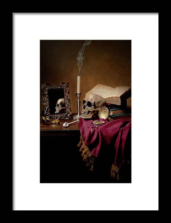 Vanitas Framed Print featuring the photograph Vanitas - Skull-Mirror-Books and Candlestick by Levin Rodriguez