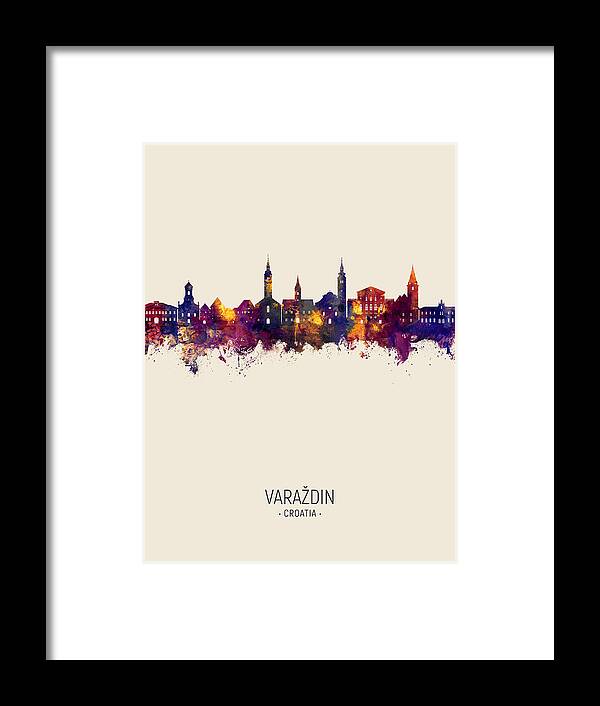 Varaždin Framed Print featuring the digital art Varazdin Croatia Skyline #51 by Michael Tompsett