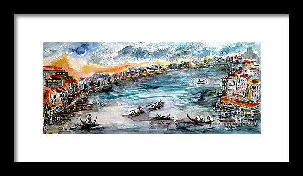 Venice Itay Framed Print featuring the painting Venice Grand Canal Twilight Italy Panoramic Painting by Ginette Callaway