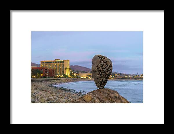 Rock Sculpture Framed Print featuring the photograph Ventura Beach Balance Rock by Lindsay Thomson