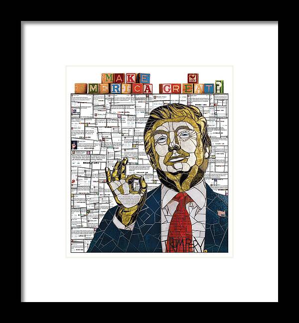 Trump Mosaic Tweets Twitte Anti-trump Political Art Framed Print featuring the glass art Verbatim by Cherie Bosela