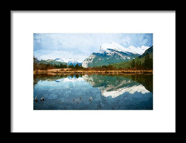 Mountains Framed Print featuring the digital art Watercolor Vermillion Lakes, Alberta by Naomi Maya