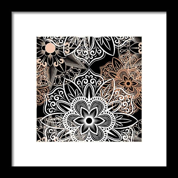 Colorful Framed Print featuring the digital art Verona - Artistic White Cream Mandala Pattern in Black Background by Sambel Pedes