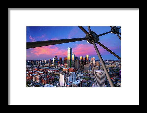 Dallas Skyline Framed Print featuring the photograph Vibrant Evening Over The Downtown Dallas City Skyline by Gregory Ballos
