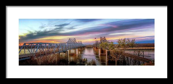 Sunset Framed Print featuring the photograph Vicksburg Bridges Sunset Panorama by Susan Rissi Tregoning