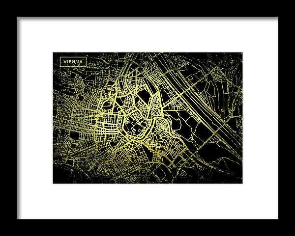 Map Framed Print featuring the digital art Vienna Map in Gold and Black by Sambel Pedes
