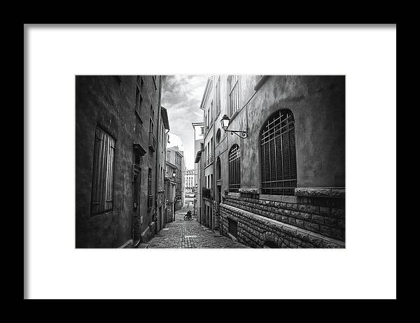 Lyon Framed Print featuring the photograph Vieux Lyon France Rue Vieil Renverse Black and White by Carol Japp