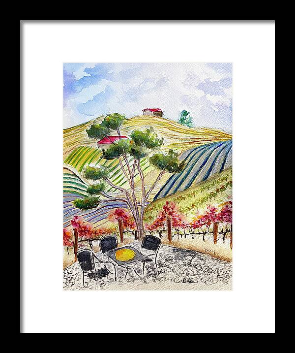 View Framed Print featuring the painting View from the patio at Gershon Bachus Vintners by Roxy Rich