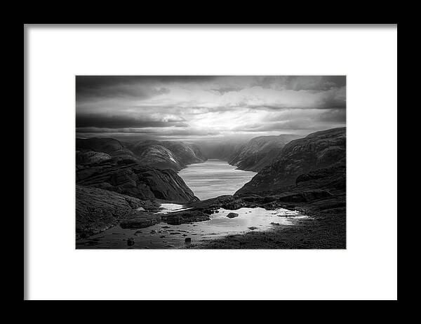 Clouds Framed Print featuring the photograph View from the Top of Preikestolen The Pulpit Rock Black and Whit by Debra and Dave Vanderlaan
