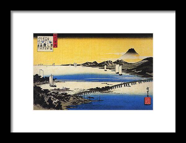 View Of A Long Bridge Across A Lake Framed Print featuring the painting View of a long bridge across a lake, from Eight Views of Omi ,Hiroshige by Artistic Rifki