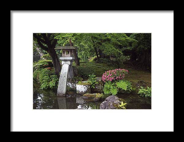 Tranquility Framed Print featuring the photograph View of lamp in Kenrokuen Garden, Kanazawa, Ishikawa Prefecture, Chubu Region, Honshu, Japan by Dallas and John Heaton